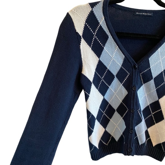 Brandy Melville Elizabeth Argyle Cardigan In Navy Blue & White - Picture 7 of 14